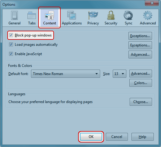 how to turn on the pop up blocker in firefox